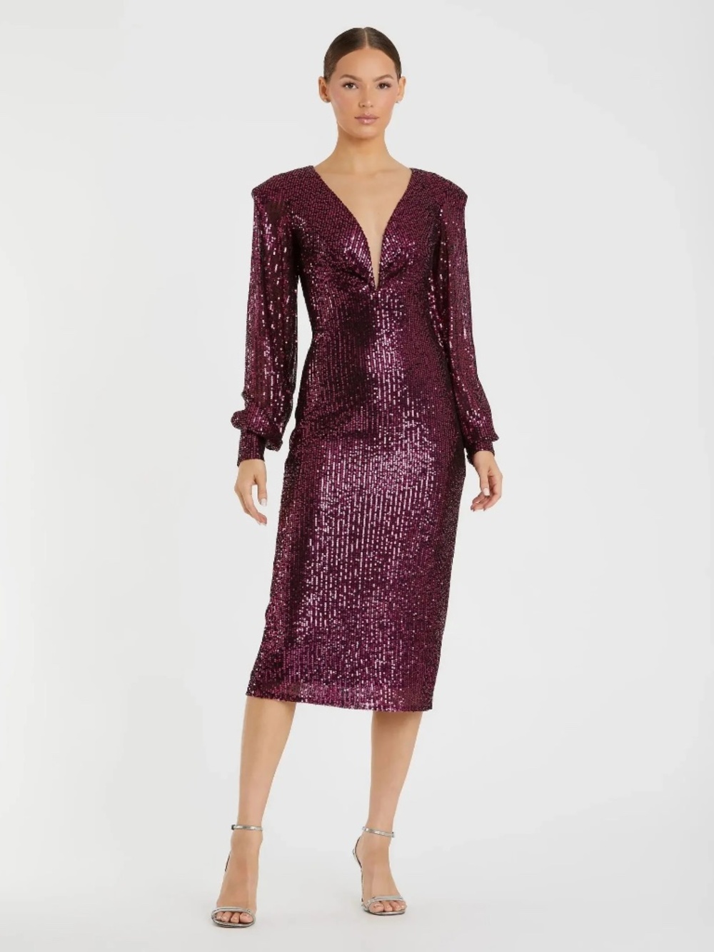 Mac Duggal Sequined Structured Bishop Sleeve Midi Dress